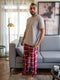 Men summer pajama set Greyish T-shirt + Dark Red X Greyish Tartan Plaid Pants